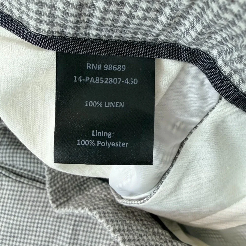 TODD SNYDER Straight Fit 100% Linen Beach Pants Grey Houndstooth Men Medium $395